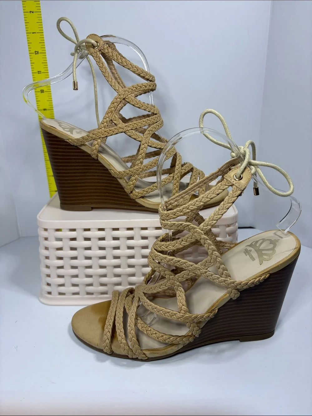 7.5 Fergalicious Braided Lace-Up Wedge Sandals - Tan. Box 25